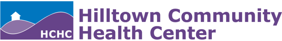 hilltown community health center logo. icon is 2 purple hills with a white house on top. the background is blue.